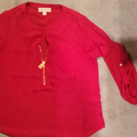 Michael Kors Vibrant Red Blouse with Gold Accents - Picture 4 of 10